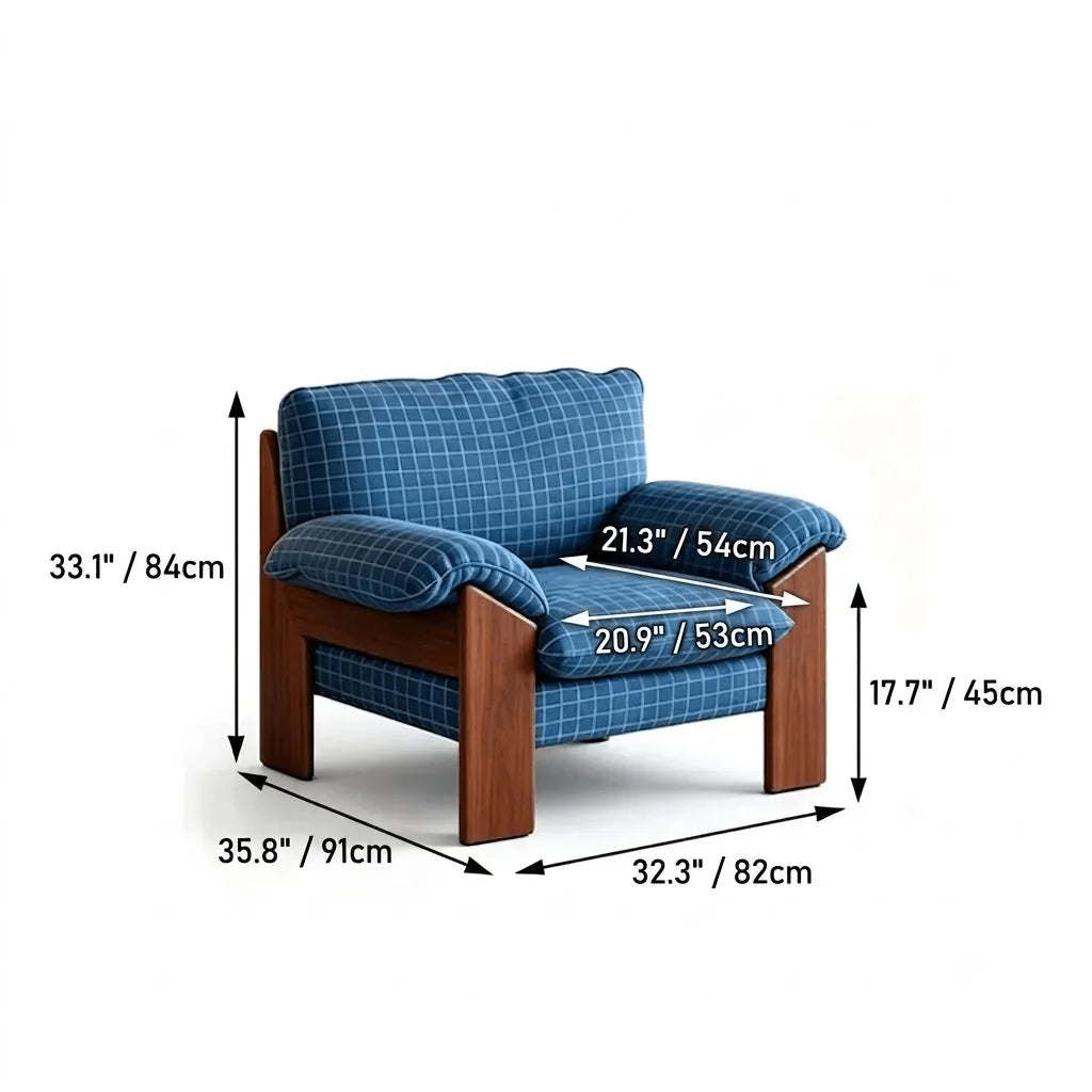 Plaid Linen Lounge Chair With Exposed Wood Frame and Cozy Wraparound Seat