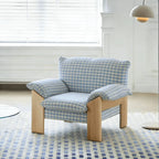 Plaid Linen Lounge Chair With Exposed Wood Frame and Cozy Wraparound Seat Main Product Image
