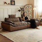 Plaid Sail Sofa with Waxed Faux Leather, Deep Seat British Vintage Lounge