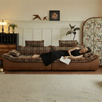 Plaid Sail Sofa with Waxed Faux Leather, Deep Seat British Vintage Lounge