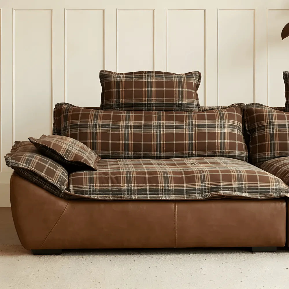 Plaid Sail Sofa with Waxed Faux Leather, Deep Seat British Vintage Lounge