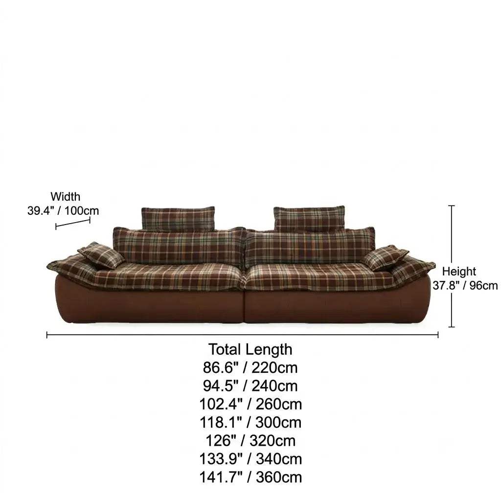 Plaid Sail Sofa with Waxed Faux Leather, Deep Seat British Vintage Lounge Dimensions