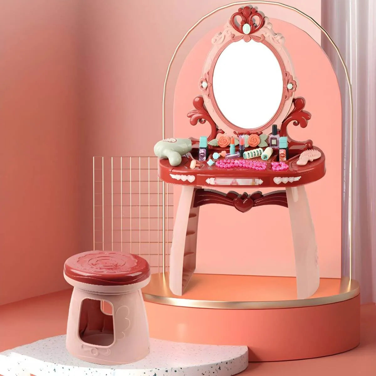 Plastic Kids' Vanity Set with Mirror and Stool in Red or Blue