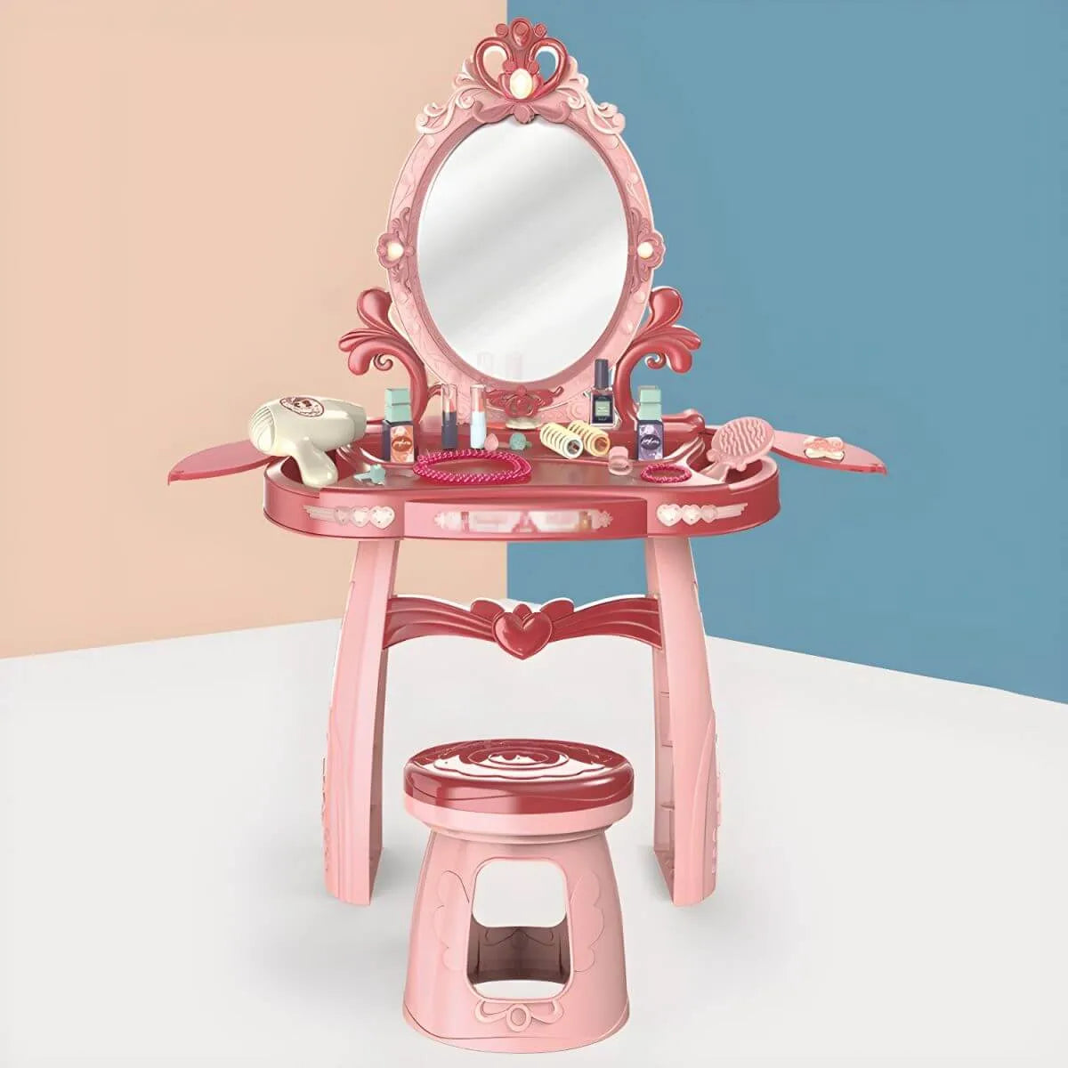 Plastic Kids' Vanity Set with Mirror and Stool in Red or Blue