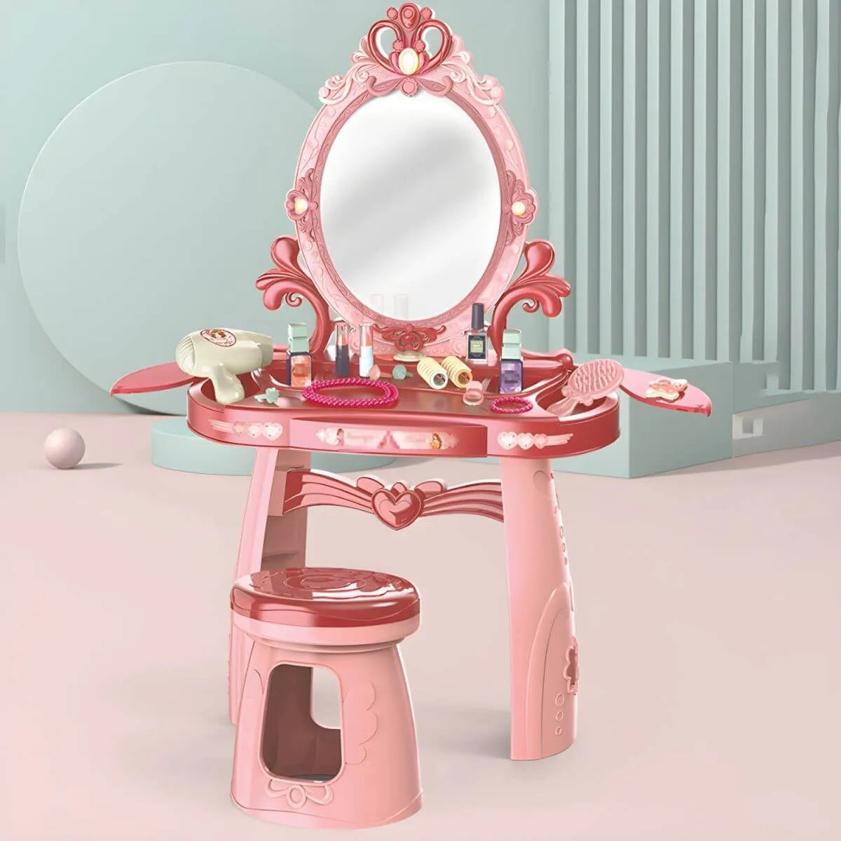 Plastic Kids' Vanity Set with Mirror and Stool in Red or Blue Main Product Image