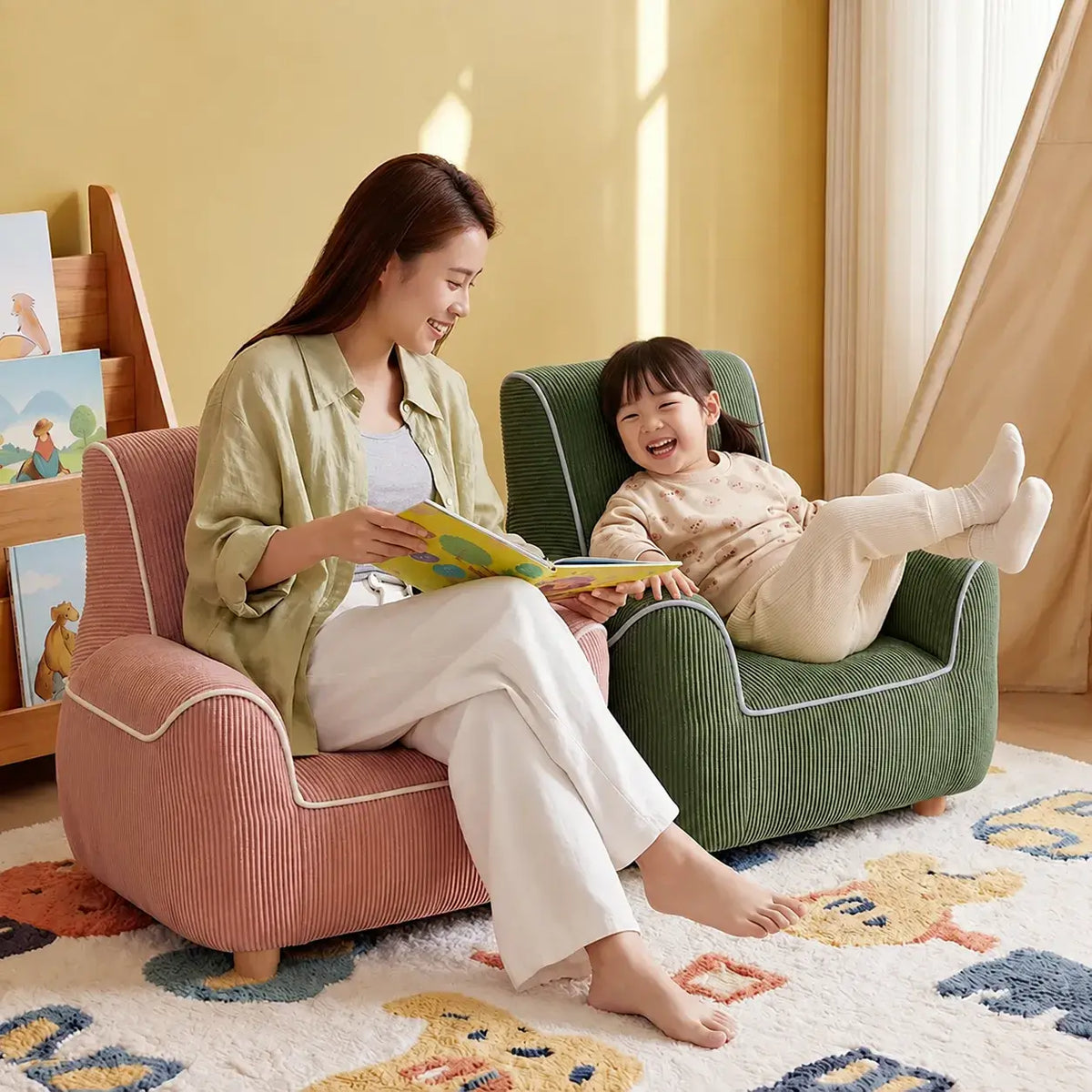Plush Kids Accent Chair With Wraparound Arms and Storybook Colors