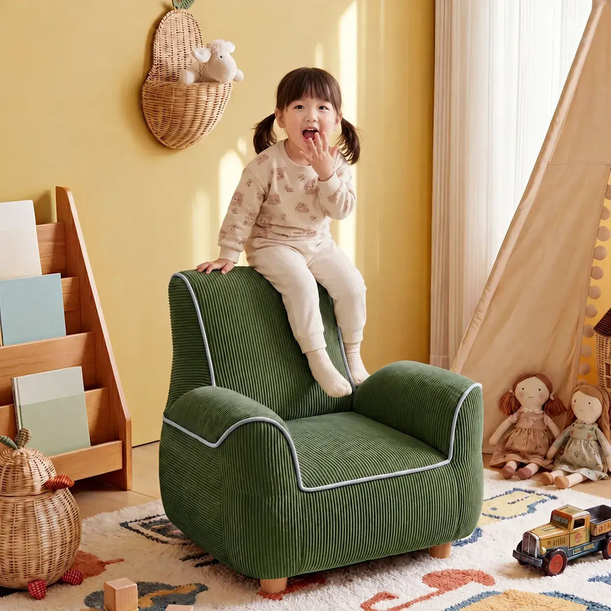 Plush Kids Accent Chair With Wraparound Arms and Storybook Colors