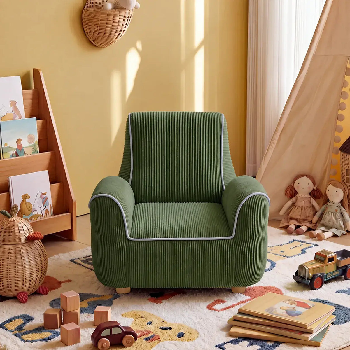 Plush Kids Accent Chair With Wraparound Arms and Storybook Colors