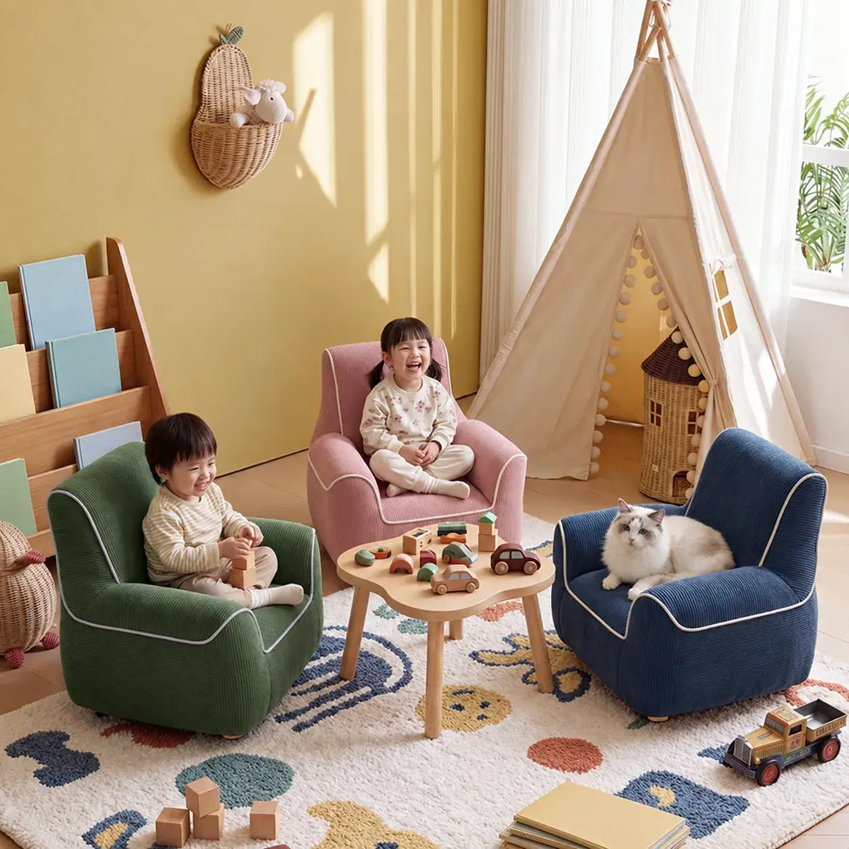 Plush Kids Accent Chair With Wraparound Arms and Storybook Colors