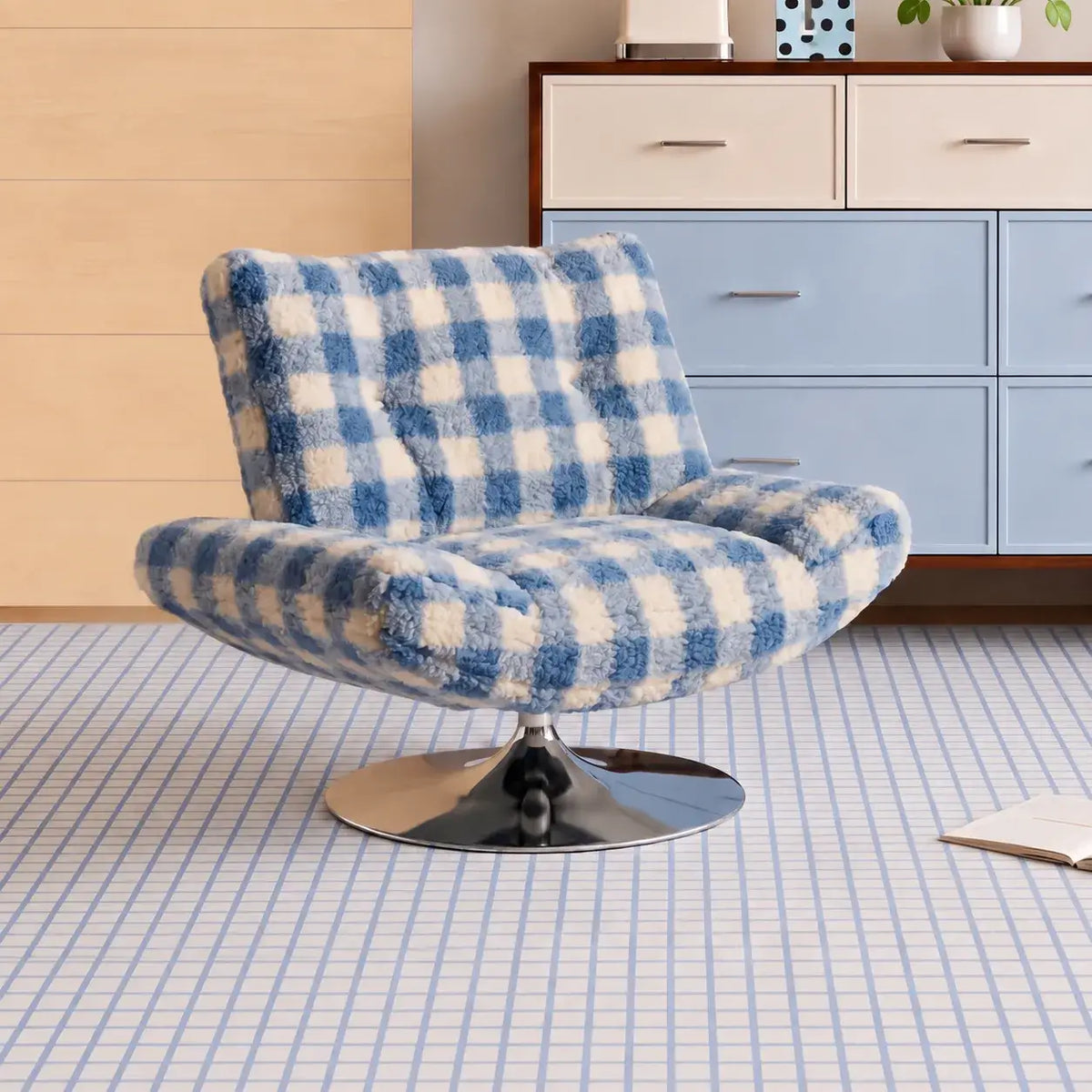 Plush Patterned Swivel Chair with Wide Seat and Stainless Steel Base Main Product Image Main image