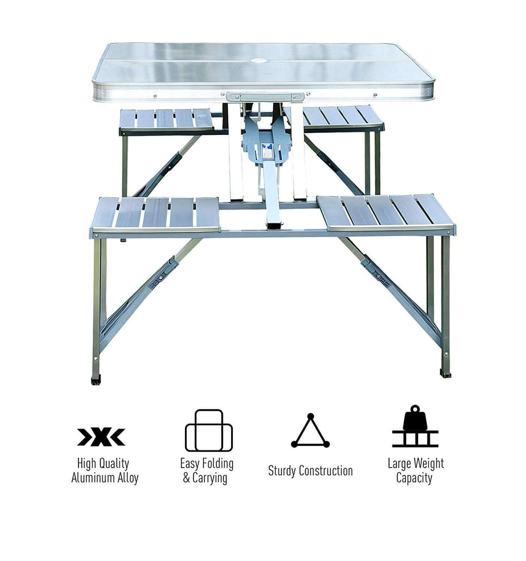 Portable Folding Picnic Table With Umbrella Hole, Silver