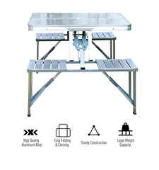 Portable Folding Picnic Table With Umbrella Hole, Silver