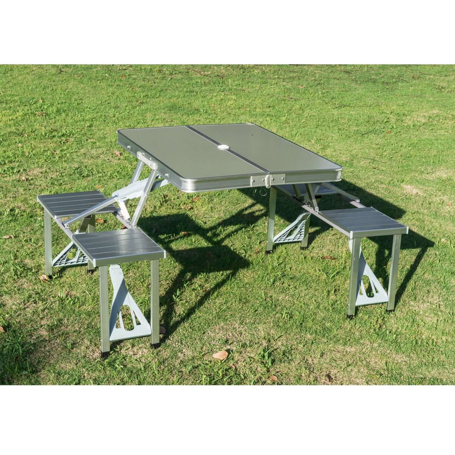 Portable Folding Picnic Table With Umbrella Hole, Silver