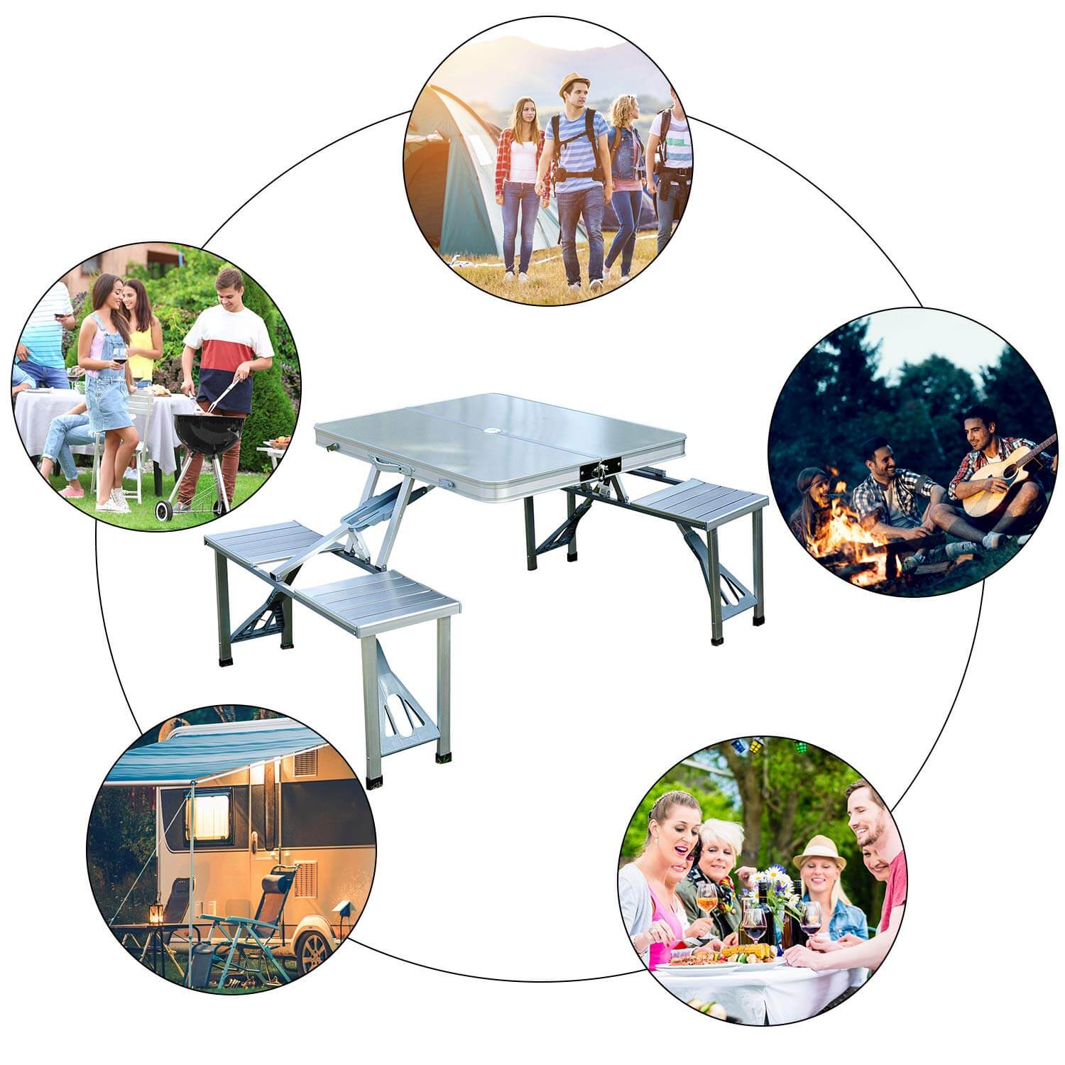 Portable Folding Picnic Table With Umbrella Hole, Silver