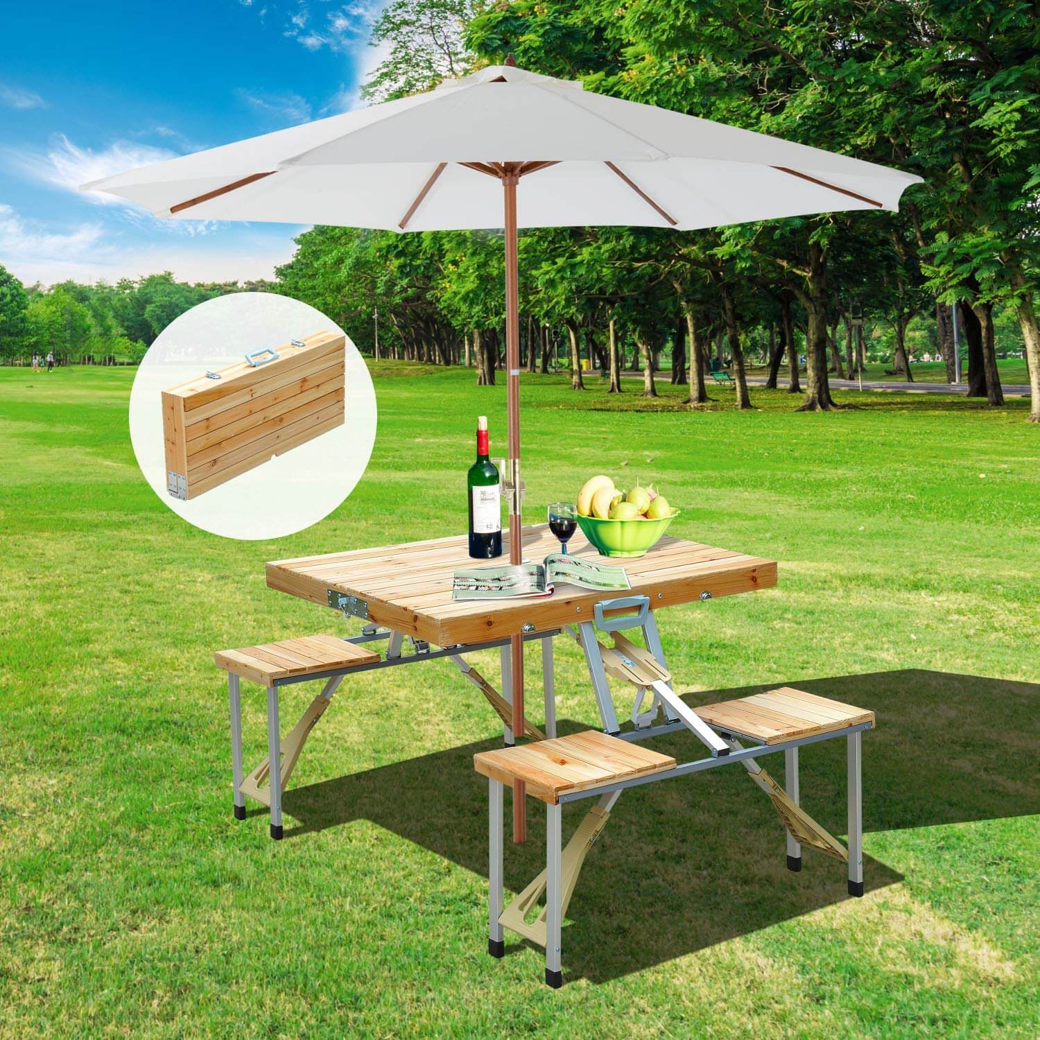 Portable Folding Picnic Table With Umbrella Hole, Silver