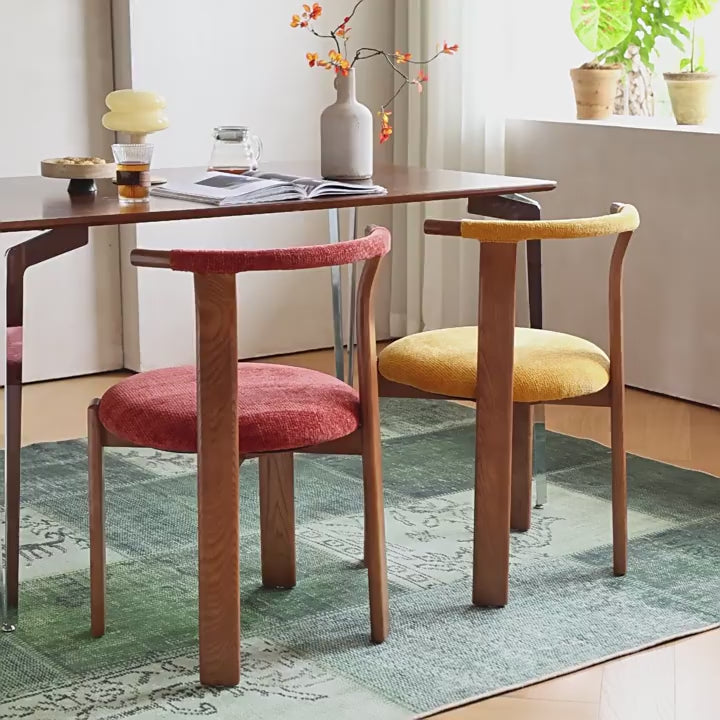 Vintage Wood Dining Chair Series With Curved Ash Frame and Chenille Upholstery