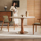 Travertine Sintered Stone Dining Table with Sculptural Ash Wood Base