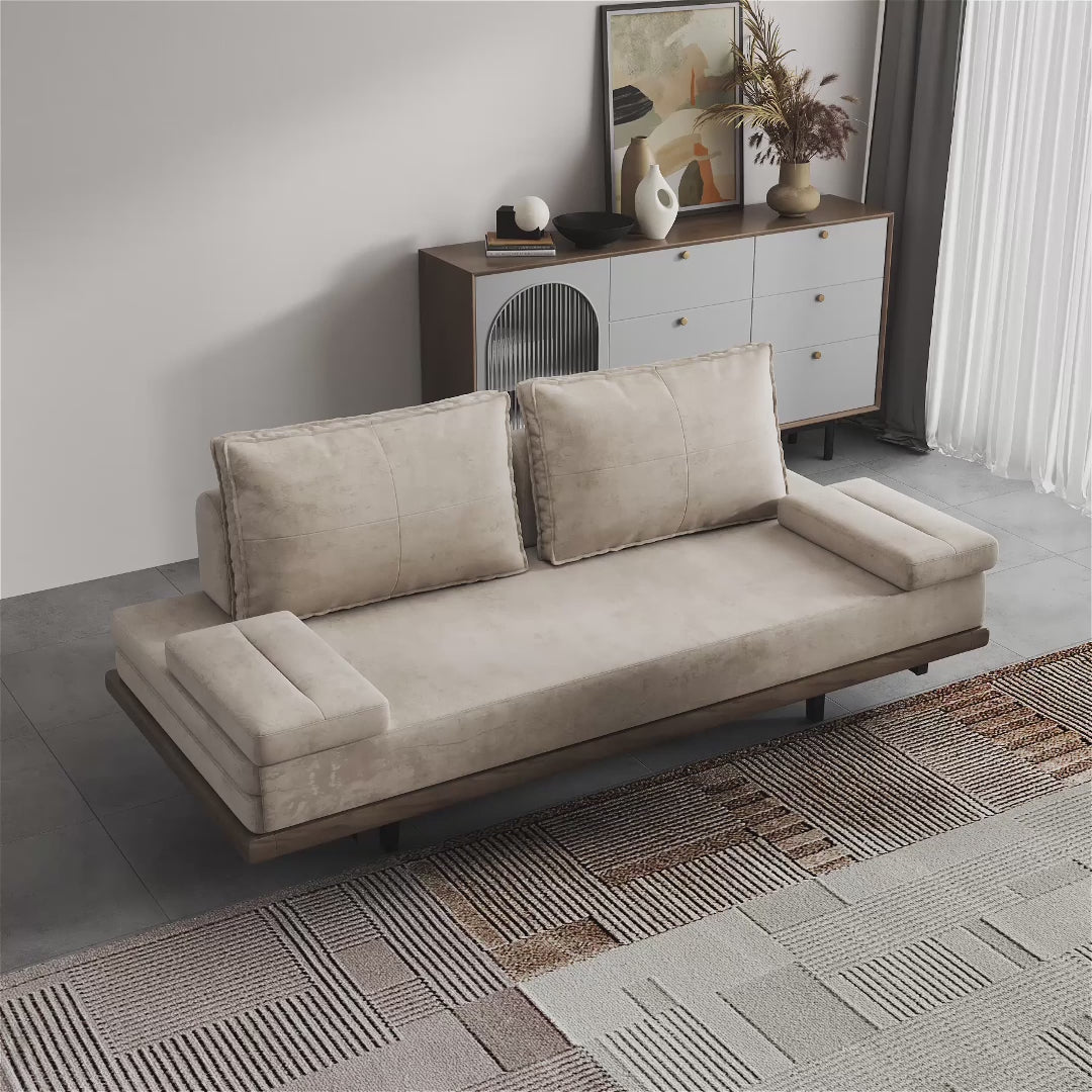 ミッドセンチュリーモダン プルアウトソファベッド カーキウッド コンバーチブルスリーパーソファ コットン＆リネン