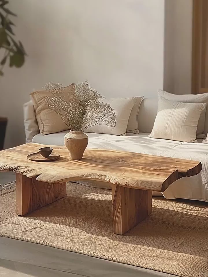 Live Edge Solid Wood Coffee Table with Organic Silhouette and Wabi-Sabi Craft
