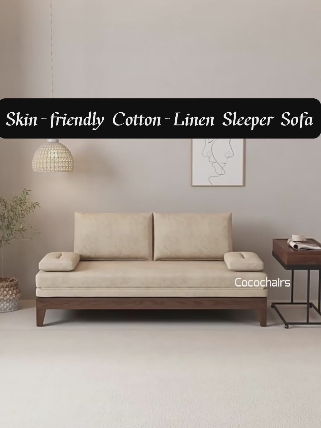 モダン北欧プルアウトウッドソファベッド カーキソリッドウッドコンバーチブルスリーパーソファ コットン＆リネン