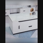 Mesa de café moderna blanca con tapa elevable y almacenamiento y taburetes para espacios de vida compactos