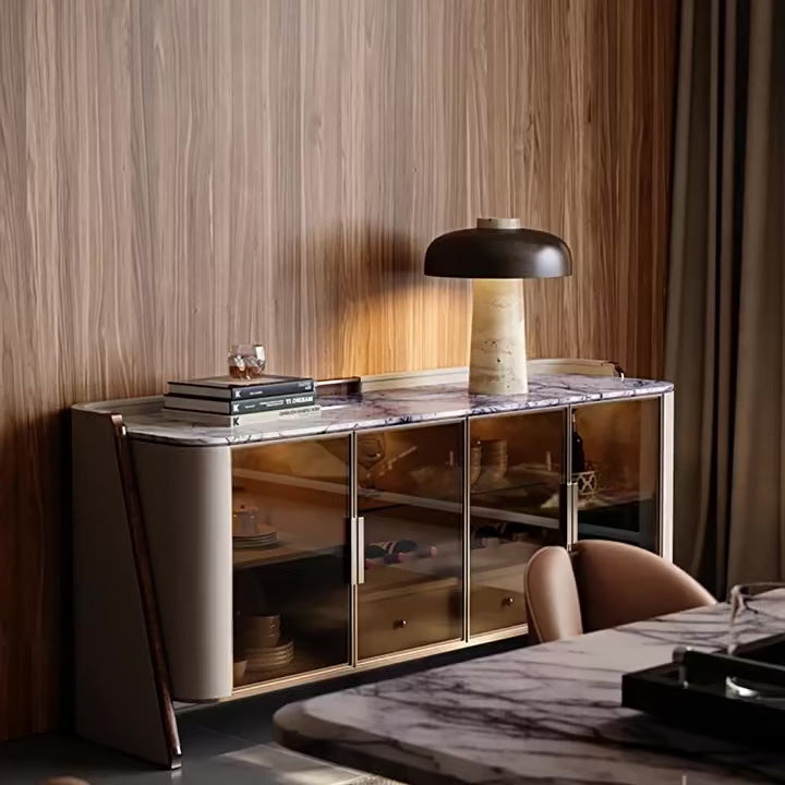 Marble Top Sideboard with Curved Silhouette and Amber Glass Doors