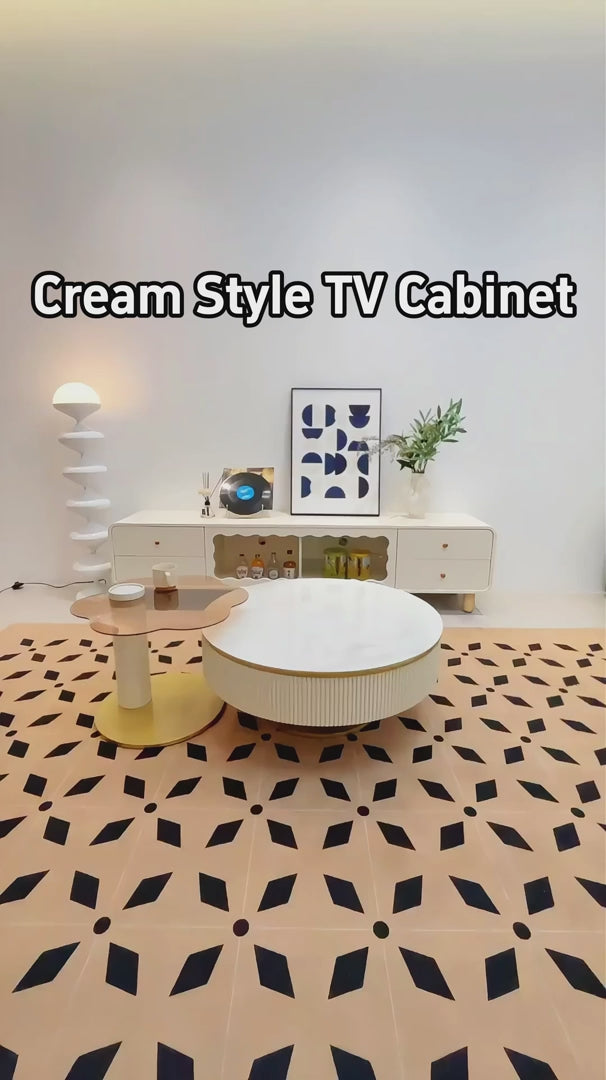 Cream Style Wooden TV Stand with Sliding Door & Drawers