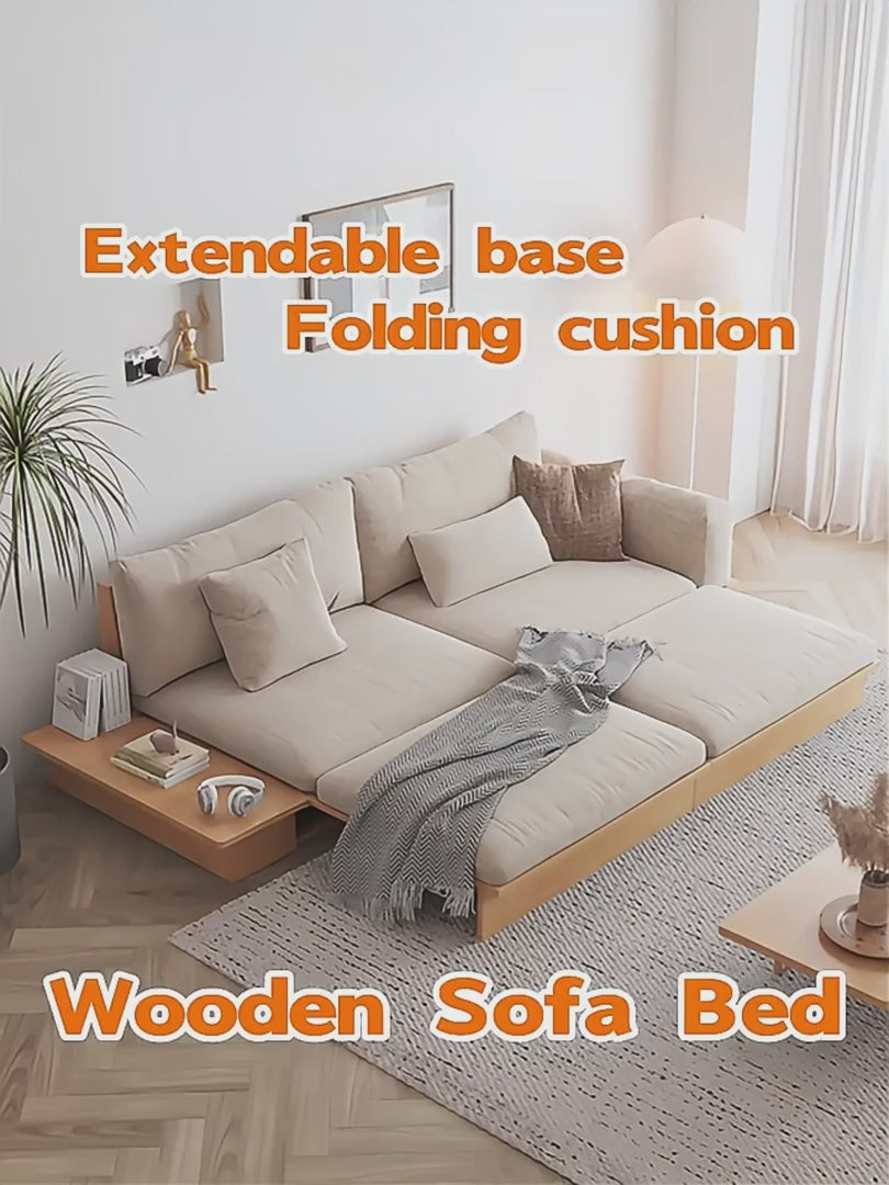 Modern Solid Wood Upholstered Cotton Linen Sofa Beige Folding sofa bed