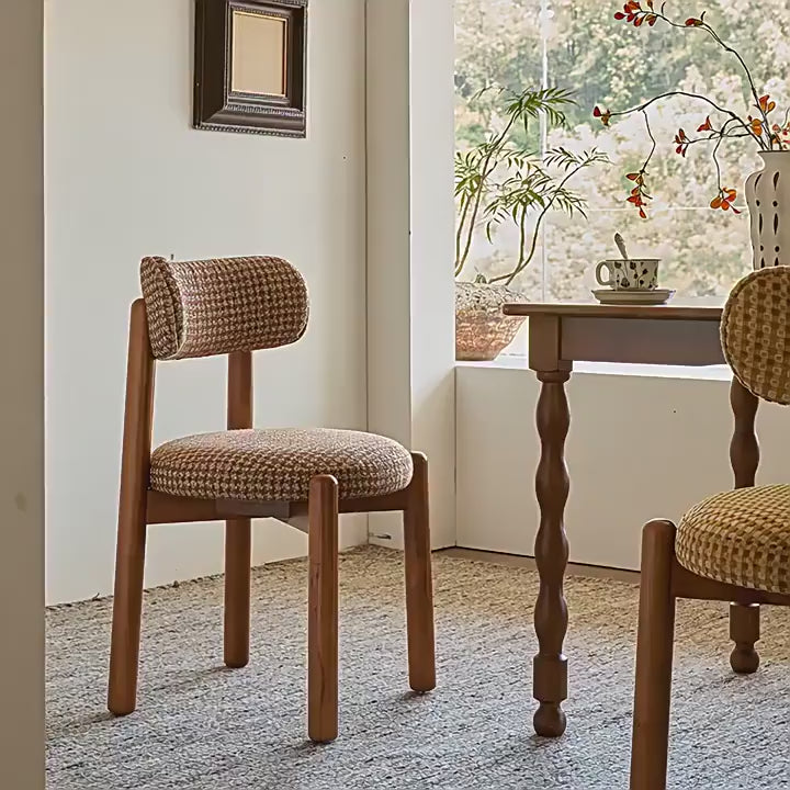 French-Inspired Vintage Wood Dining Chair with Plush Velvet Seat and Tapered Drum Feet