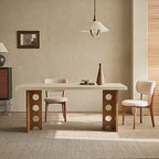 Travertine Sintered Stone Dining Table with Sculptural T-Leg Base and Mid-Century Fluted Detail