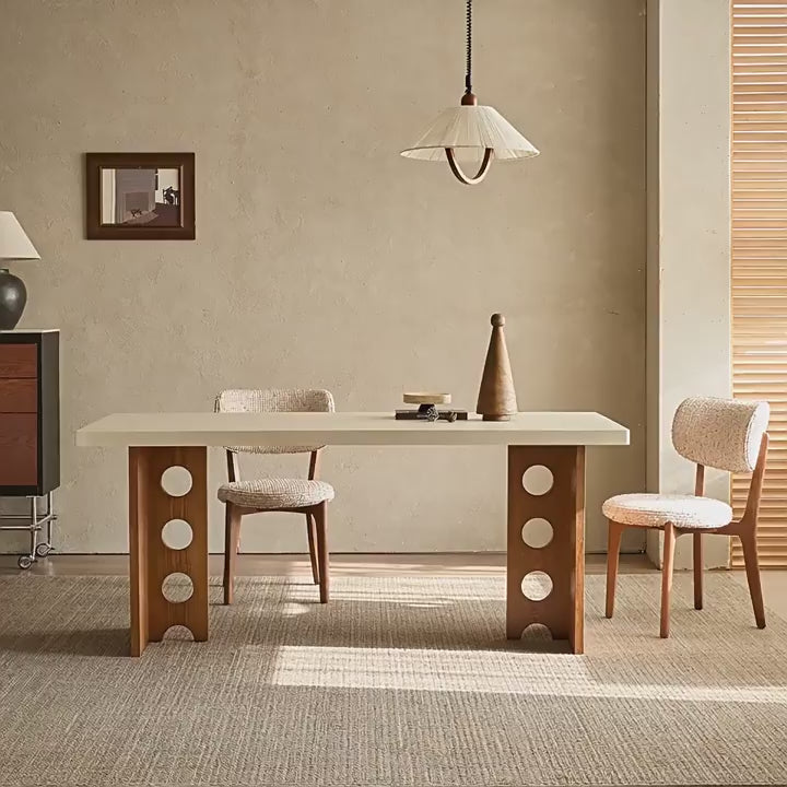 Travertine Sintered Stone Dining Table with Sculptural T-Leg Base and Mid-Century Fluted Detail