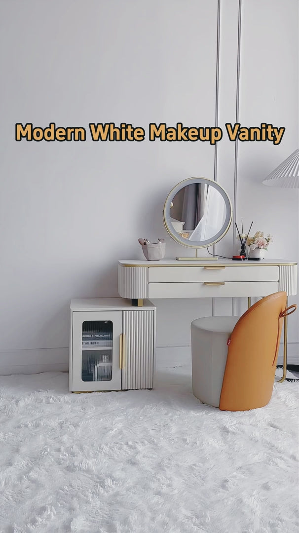 Modern White Makeup Vanity Table with LED Lighted Mirror & Cabinet