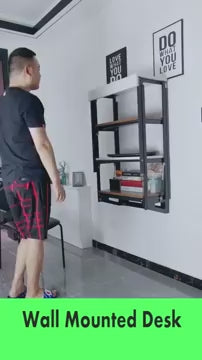 White-Walnut Folding Wall-Mounted Table with Shelves