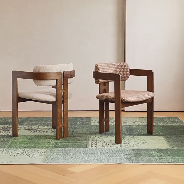 Vintage Ash Wood Dining Chair with Houndstooth Upholstery and Sculpted Back Slit