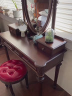 Mahogany Vanity with Sculptural Turned Legs and Tufted Upholstered Stool