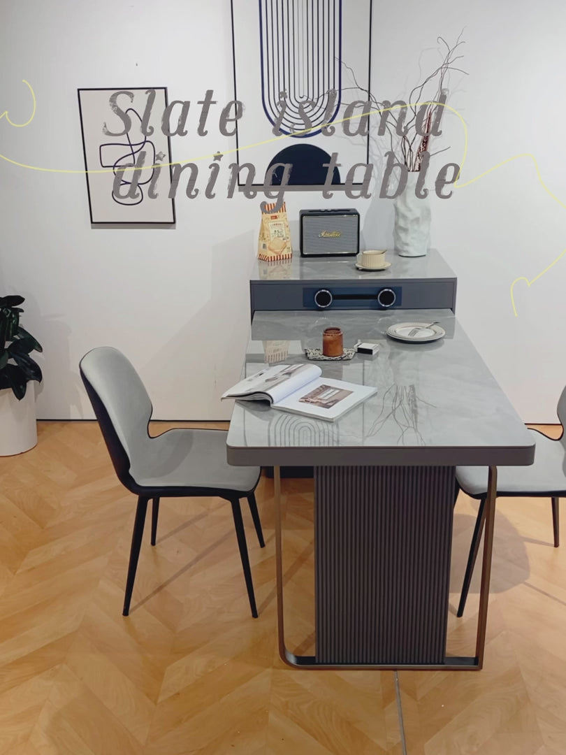 Slate Island Extendable Dining Table with Storage Cabinet Integrated