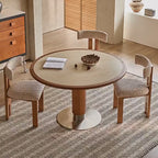 Travertine Sintered Stone Dining Table with Sculptural Ash Wood Base and Stainless Steel Detail