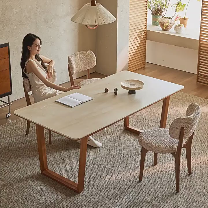Travertine Sintered Stone Dining Table with Sculptural Frame and Rounded Edges
