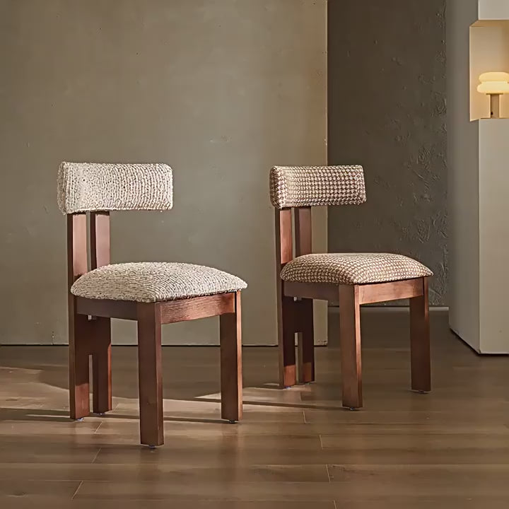 Vintage Wood Dining Chair with Sculptural Back and Linen Upholstery