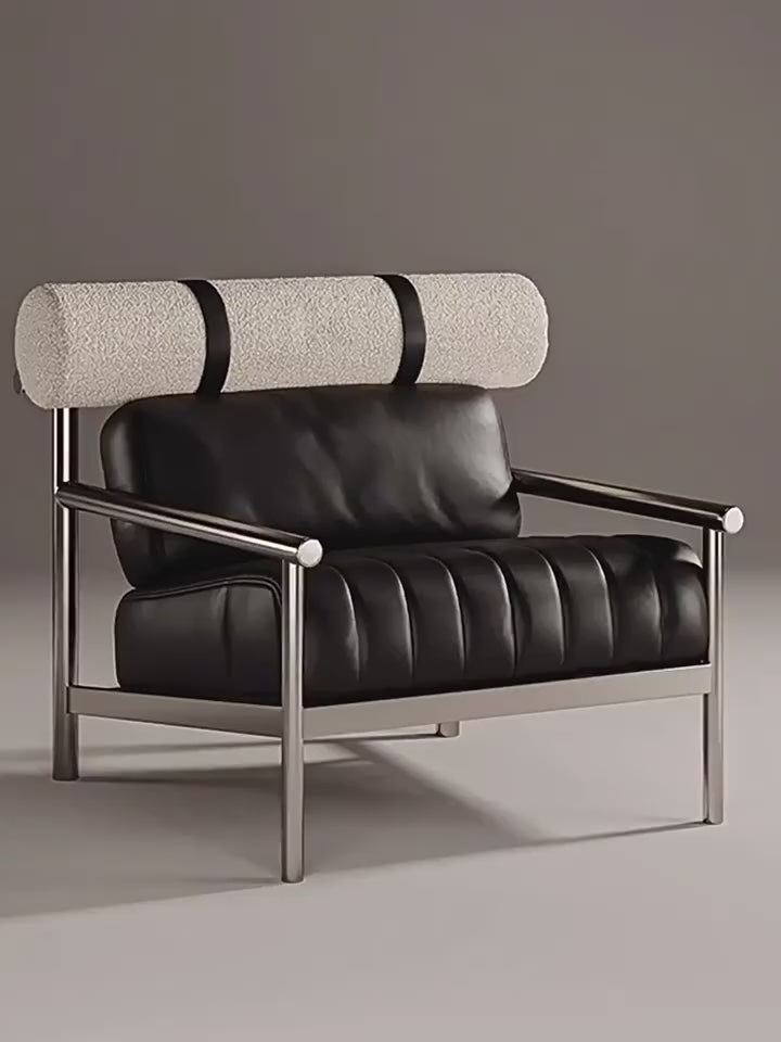 Bauhaus-Inspired Stainless Steel Lounge Chair with Nappa Leather and Textured Fabric Accents