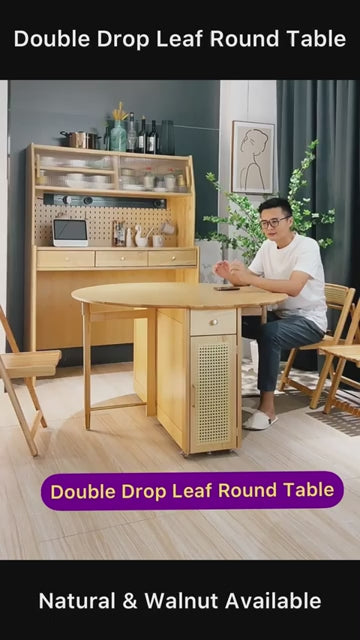 Natural Round Folding Dining Set With Chairs And Cabinet