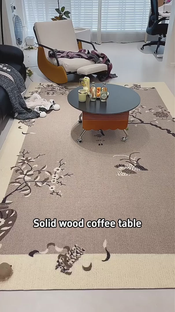 Retro Round Coffee Table with Multi-functionality Adjustable Height and Mobility