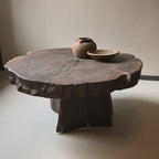 Live Edge Pedestal Coffee Table with Sculptural Root Base and Natural Wood Grain
