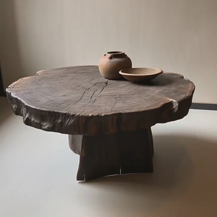 Live Edge Pedestal Coffee Table with Sculptural Root Base and Natural Wood Grain