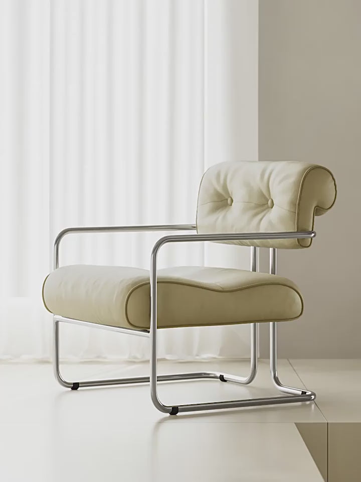 Mid-Century Stainless Steel Armchair with Nappa Leather and Button-Tufted Back