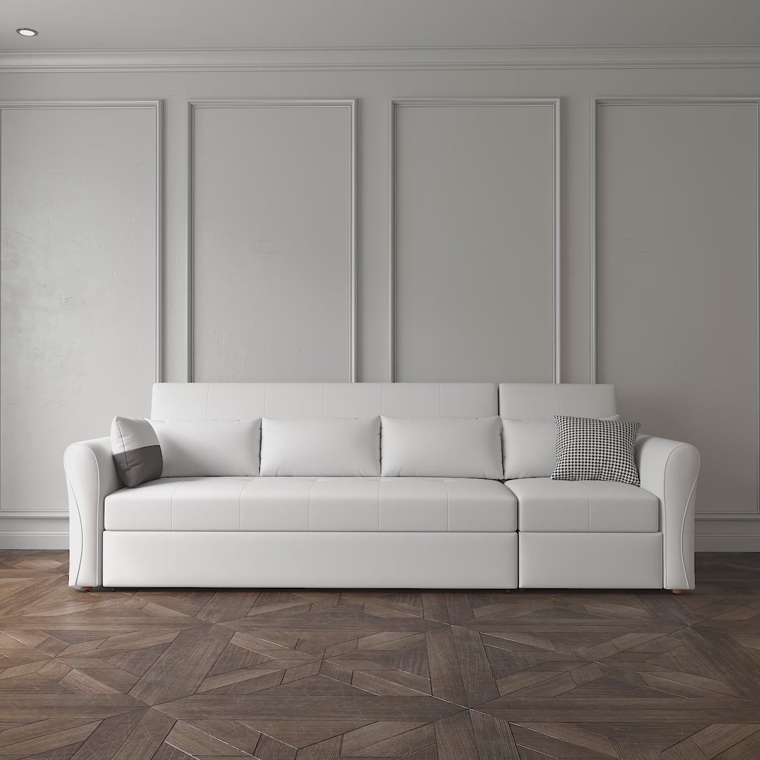 109" Power Reclining Sleeper Sofa Bed Convertible White LeathAire Tufted Upholstered