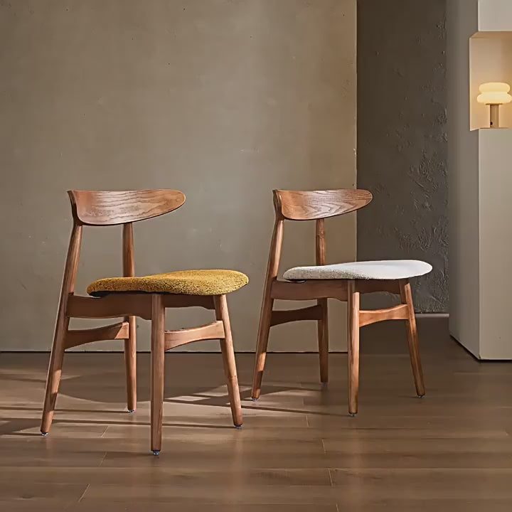 French Vintage Solid Ash Wood Dining Chair with Linen Upholstery