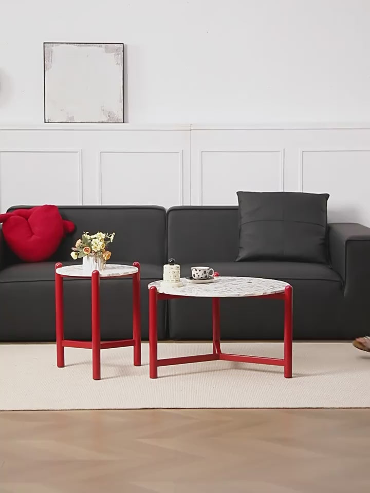 Vibrant Red & Elegant Terrazzo Round Side Table - Modern Minimalist Design