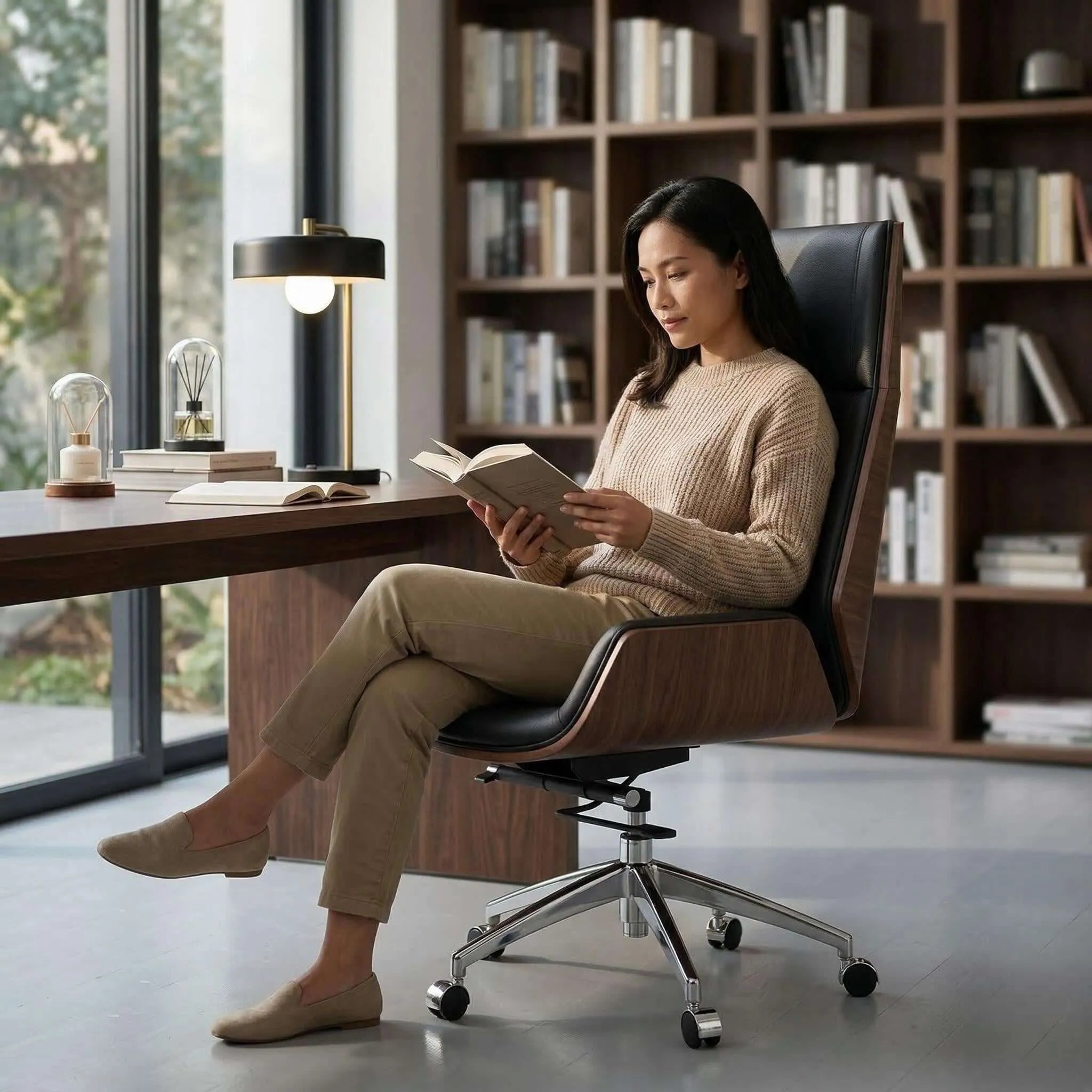 Prime Executive Office Chair with Leather Backrest and Wood Accents