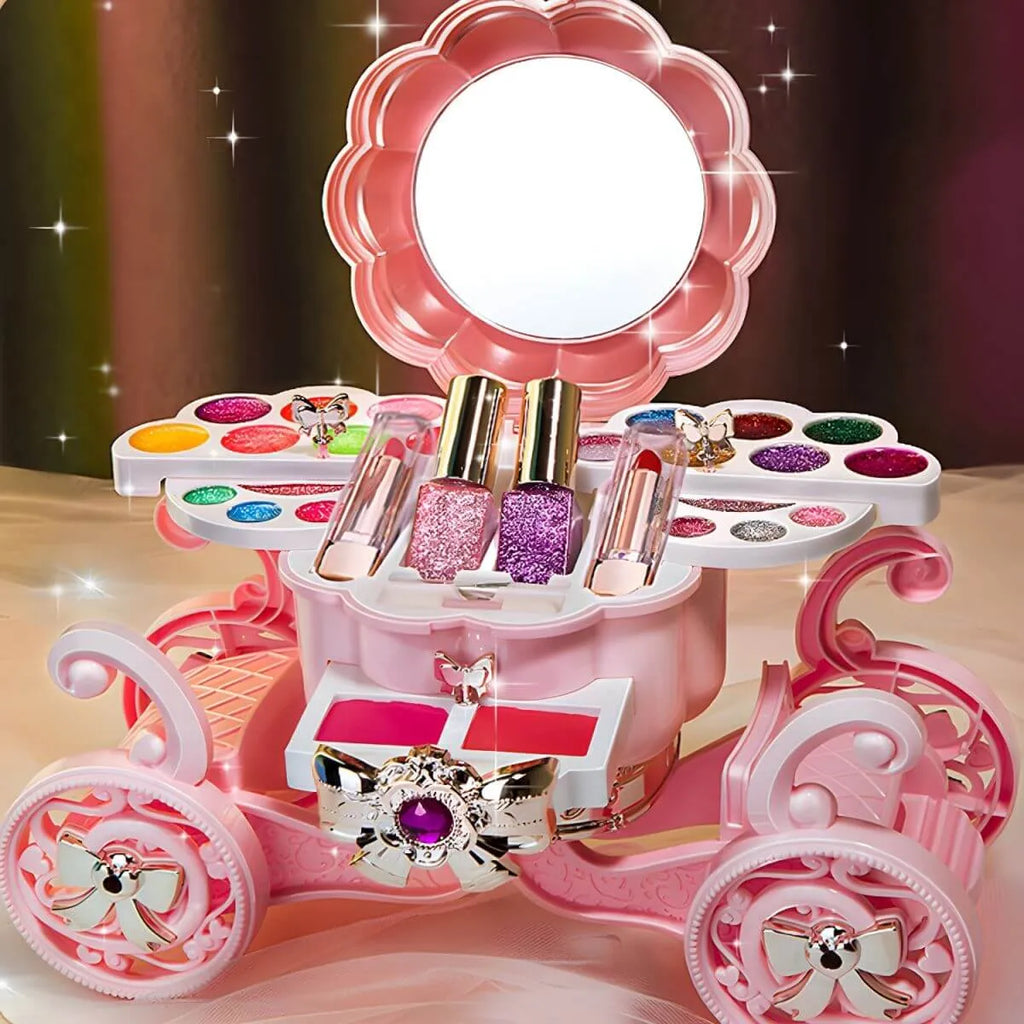 Princess Carriage Kids Vanity Set with Mirror & Makeup Kit – Pink Plastic